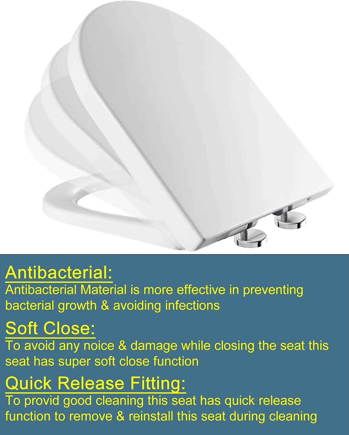 Toilet Seat Cover White Loo Seat Anti Bacterial D-Shape Mute Toilet Seat Premium UF (Urea-Formaldehyde) Durable & Heavy Duty Slow-Close Easy Cleaning Top Fixing by AAN® - Image 3