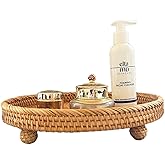 i-lan 12.5 Inch Round Rattan Serving Basket-Round Woven Bread, Fruit, Keys Bowl Pedestal Stand with 1”Side, Flat Wicker Decorative Snack Basket Trays for Candy Dish, Rustic Platter, Display Riser