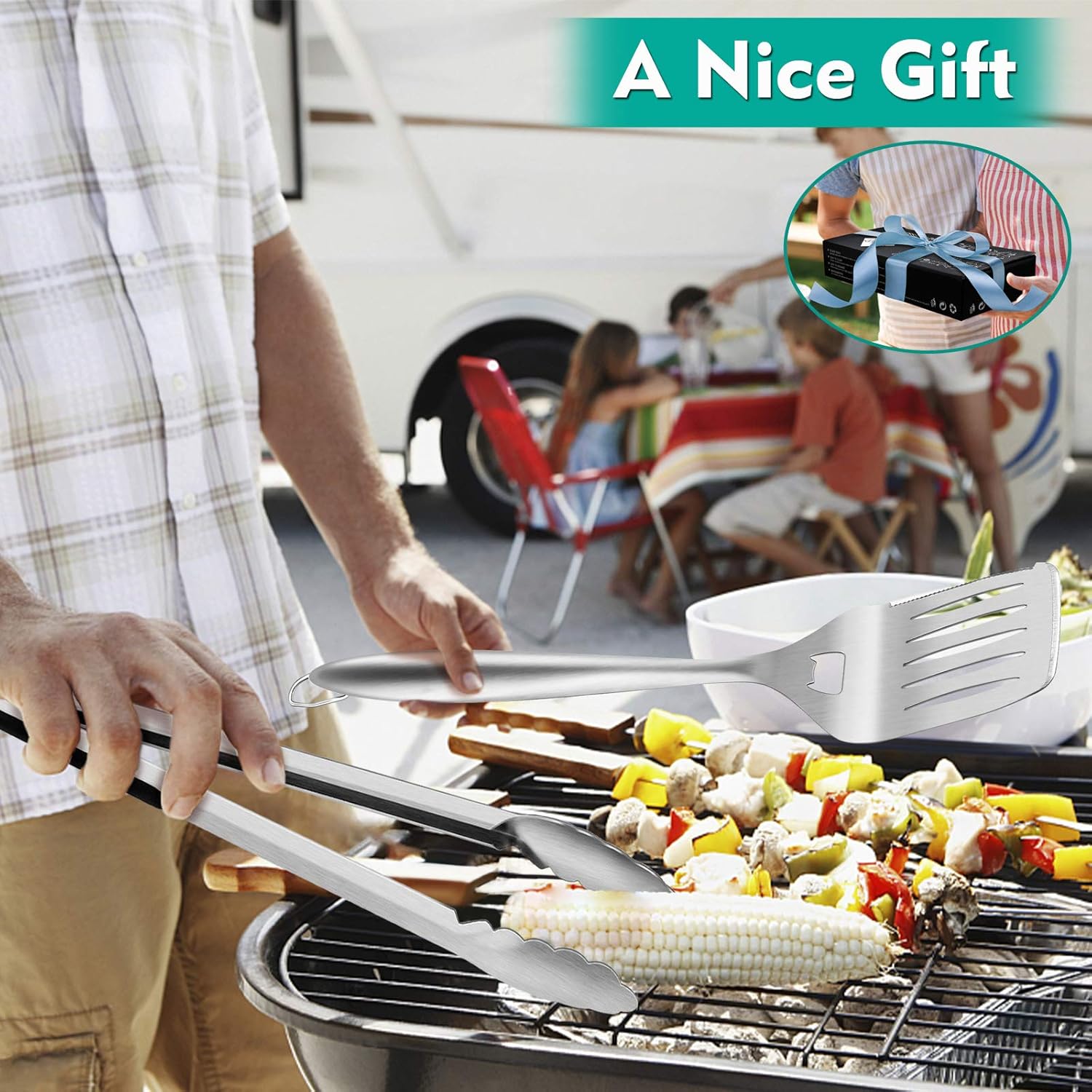 HaSteeL Grilling Utensil Set 18in, Stainless Steel BBQ Accessories Tools with Bag for Outdoor Cooking Camping, Heavy Duty Grill Spatula, Tong, Meat Fork, Basting Brush, Cleaning Brush, Man’s Gift : Garden & Outdoor