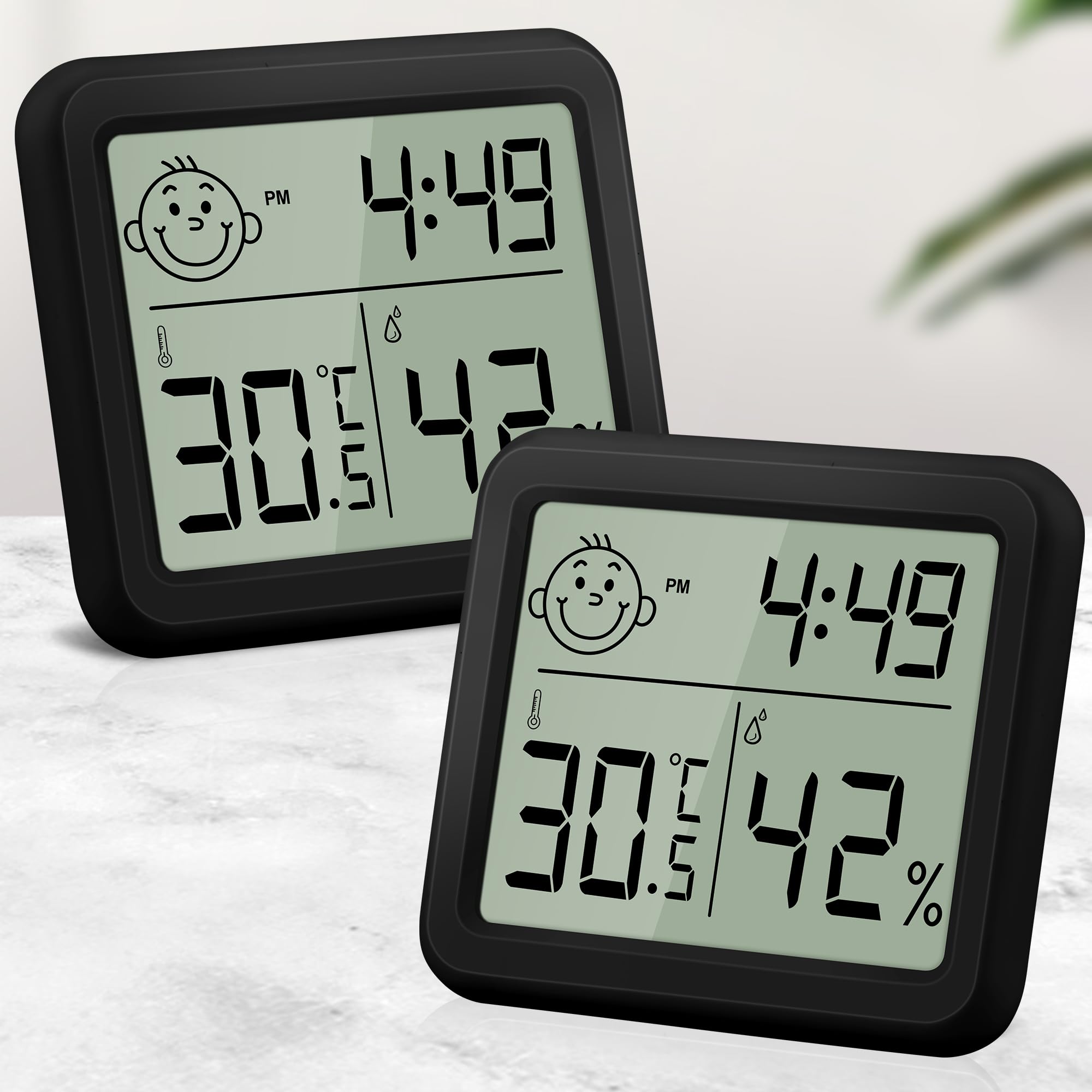 DazSpirit Digital Room Thermometer Indoor Hygrometer, Temperature Humidity Monitor, Humidity Meter with Comfort, Time, Date Functions for Bedroom, Baby Room, Greenhouse, Cellar, Office (Black 2pcs)