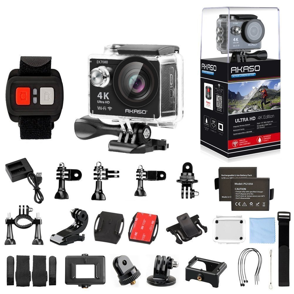 AKASO Action Cam 4K WIFI Action Kamera 170°Ultra Weitwinkel Full HD Sport Cam mit 12MP Unterwasser Kamera 2 Zoll LCD Bildschirm 2.4G Fernbedienung mit 2 Batterien 19 Zubehör Kits (Schwarz)