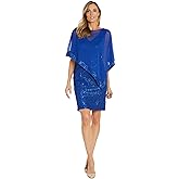 R&M Richards Women's Knee-Length Glitter Sequin Lace Dress W/Sheer Asymmetric Poncho Overlay | Evening Cocktail Attire