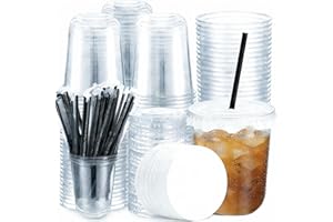 100 Sets Clear Plastic Cups with Lids and Straws, 14 oz Disposable Iced Coffee Cups with Lids for Party to Go Cold Drinks Smo
