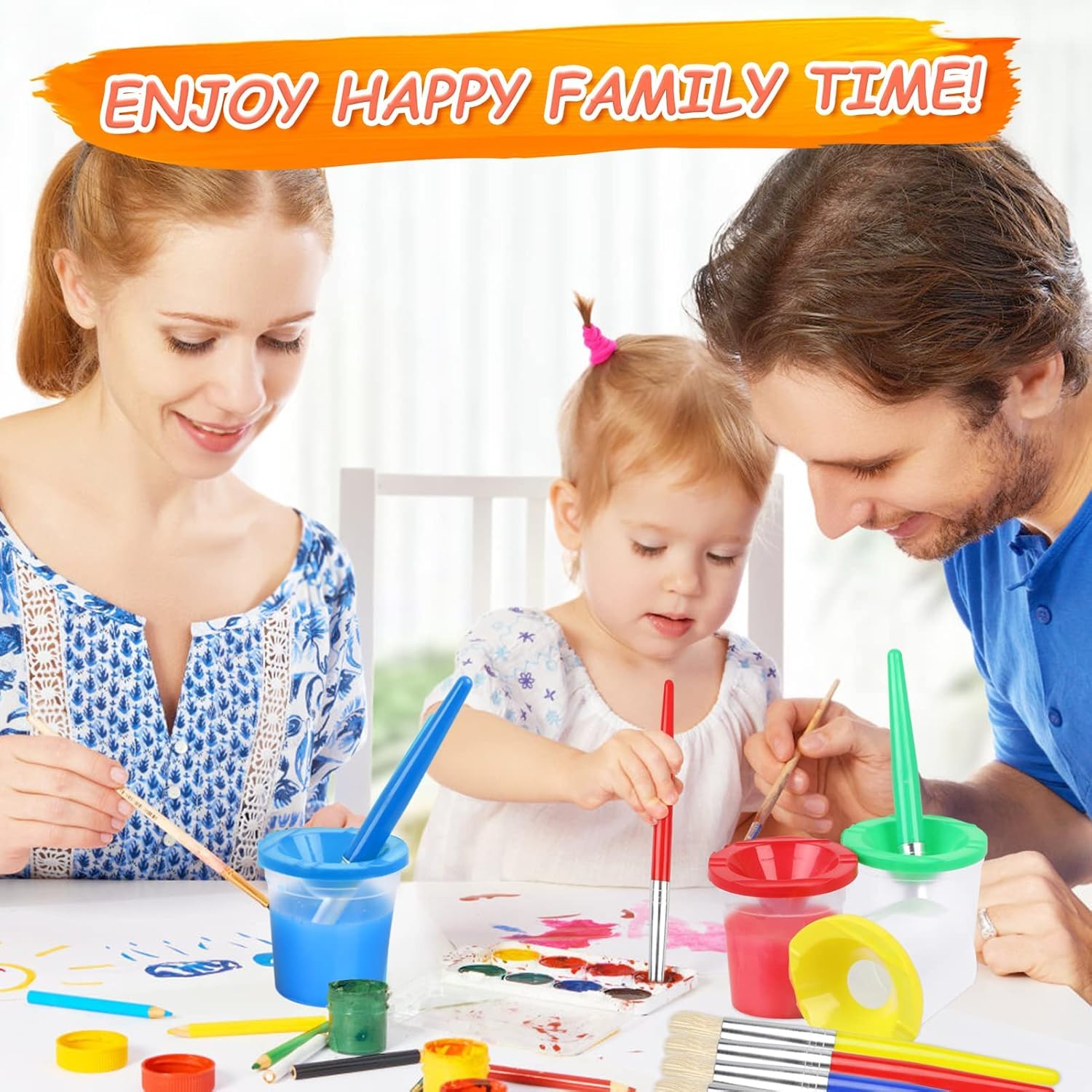 RNKP 4 Piece Children's No Spill Paint Cups with Colored Lids and 4 Piece Large Round Brush Set with Plastic Handles