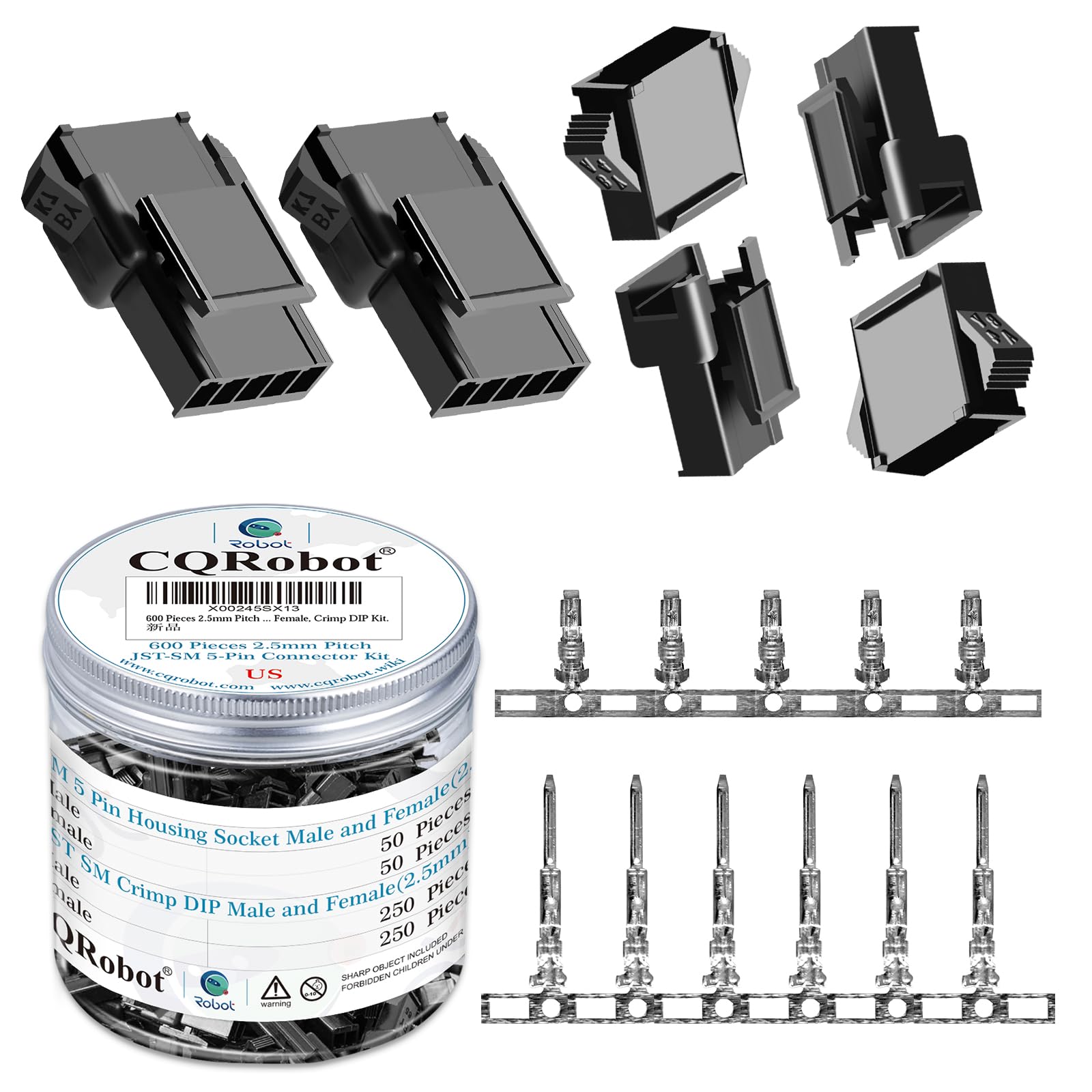 CQRobot JST SM 2.5 mm Pitch 5-Pin Electronic Connector IC Male Plugs, Female Sockets Housing and Male/Female T-Shaped Crimp Terminal Kit. 50 Sets/600 Pieces Wire-Wire Adapter Cable Assembly.