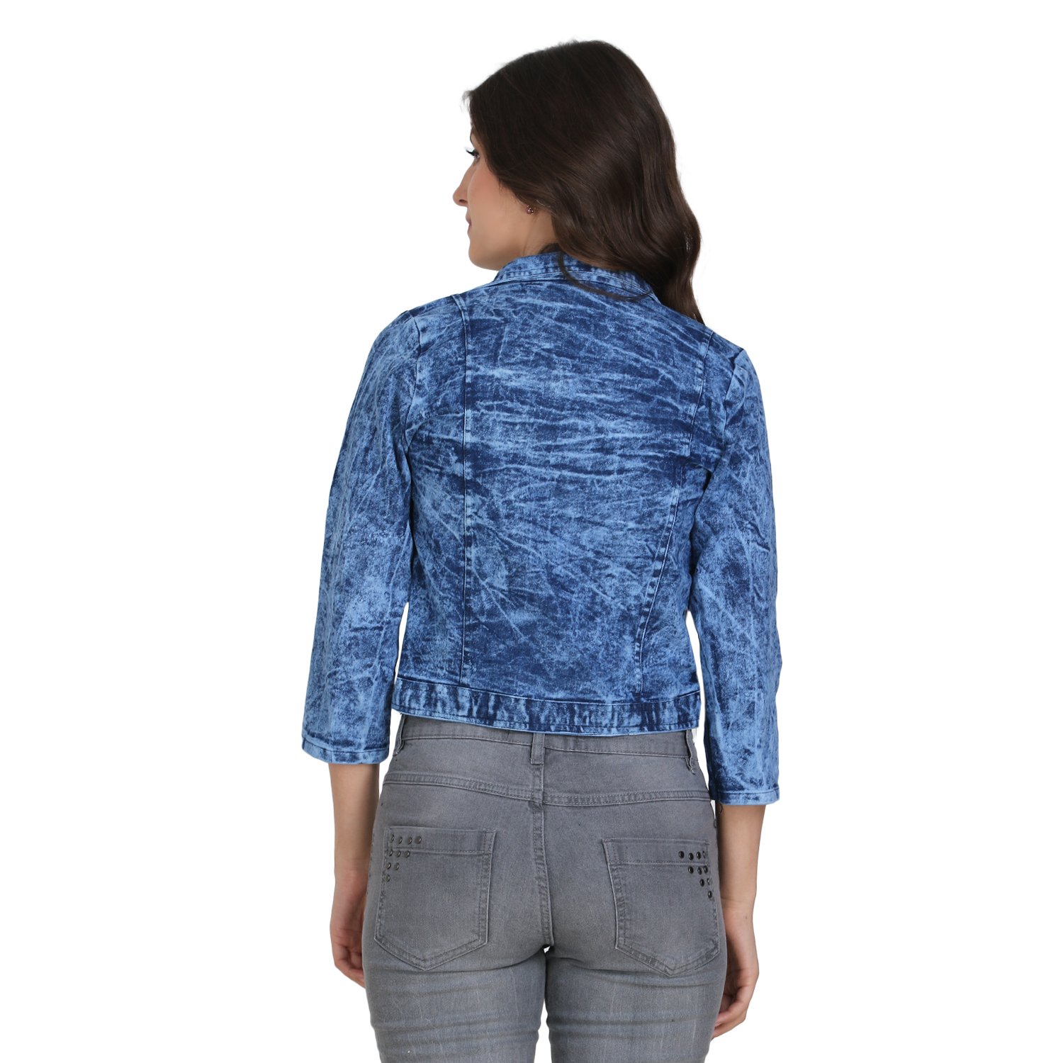 buynewtrend blue 3/4th sleeve denim shrug/jacket for women