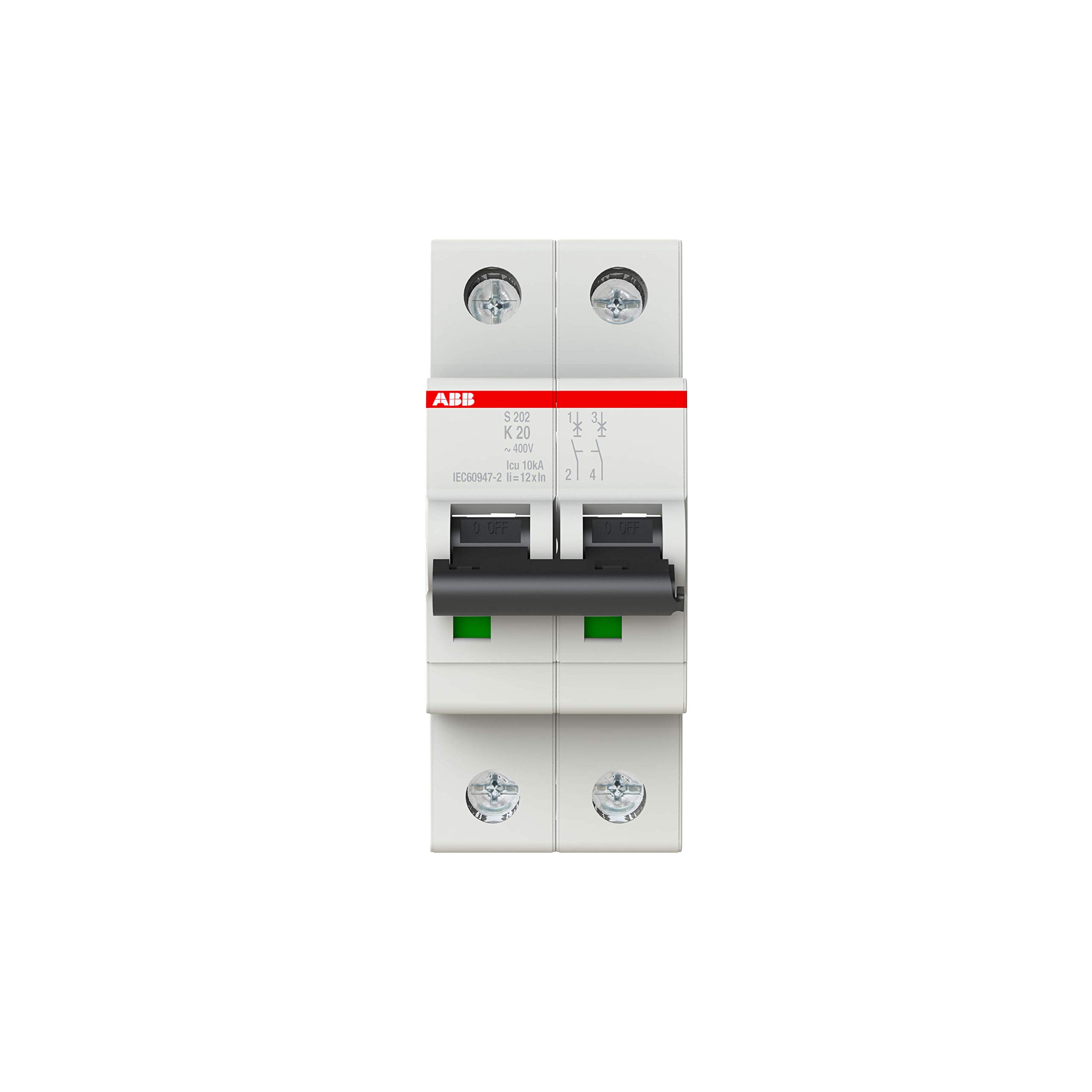 ABB S202-K20 Miniature Circuit Breaker, 2 Pole, Type K, 6/10kA Breaking Capacity, 20 Amp Current (2CDS252001R0487)