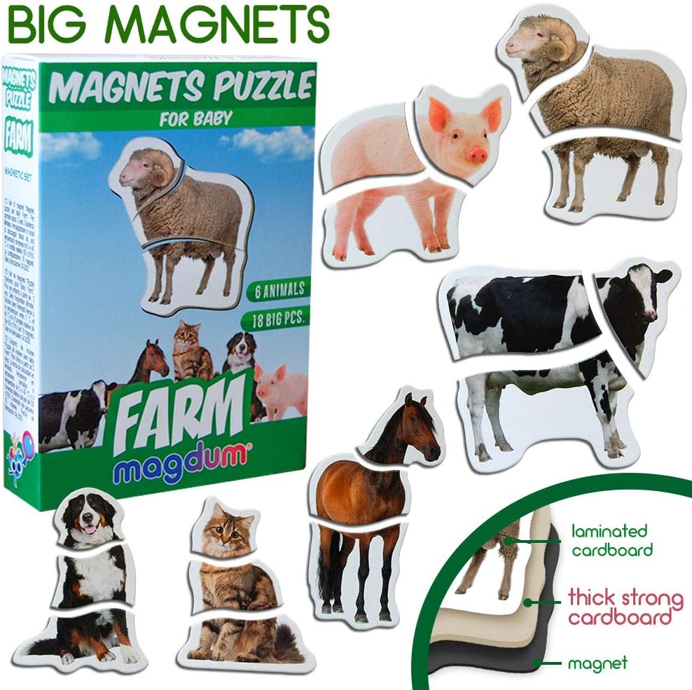 Farm Animal Magnetic Puzzle for Kids, Magdum, 6 Farm Animals with 18 Magnetic Pieces, First Learning Puzzle Game for Toddlers - Image 3