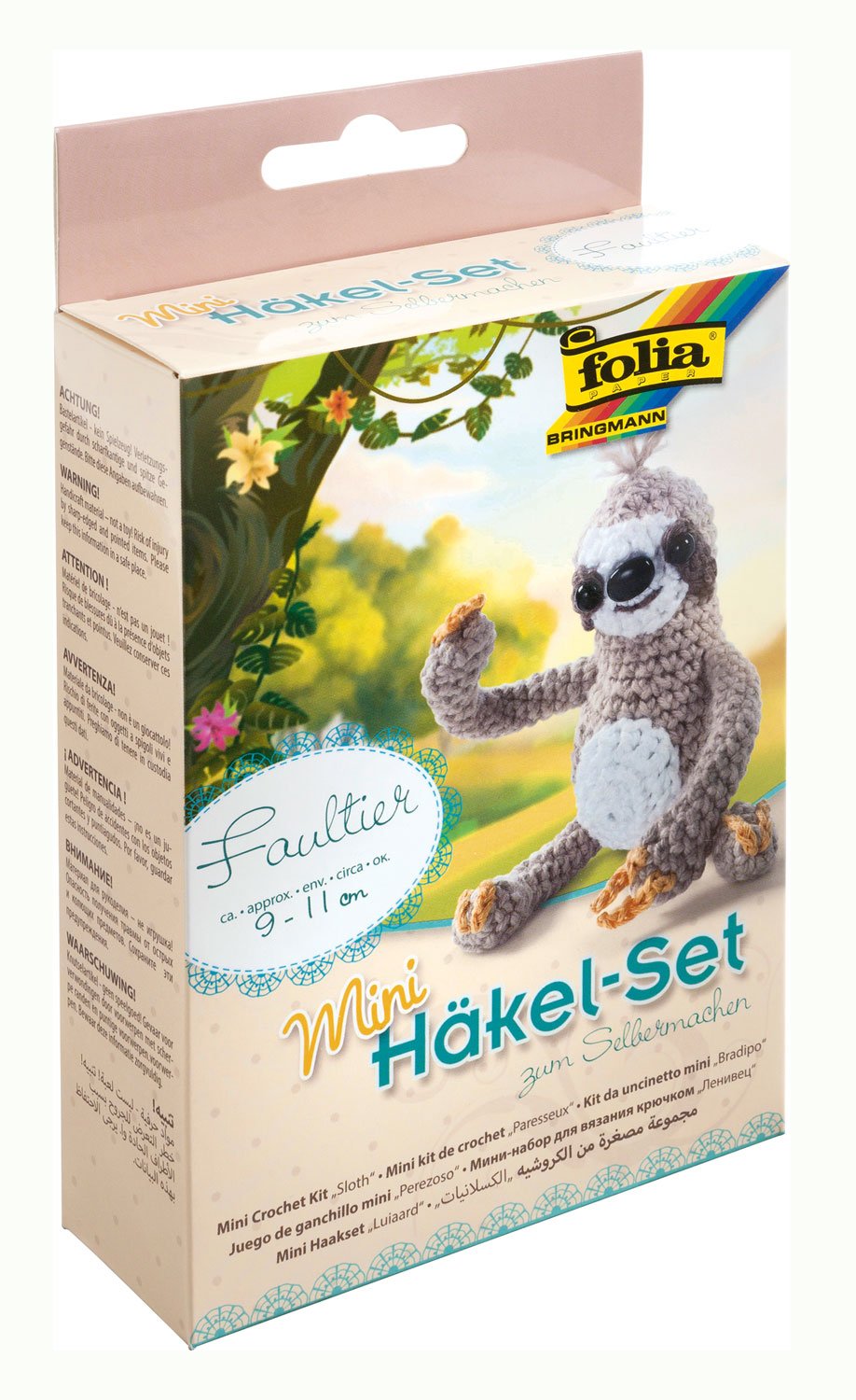 folia 23912 - Mini Crochet Set Sloth, Complete Set for Creating Your Own Cute Sloth, Approx. 9-11 cm, for Children from 8 Years and Adults, as a Gift