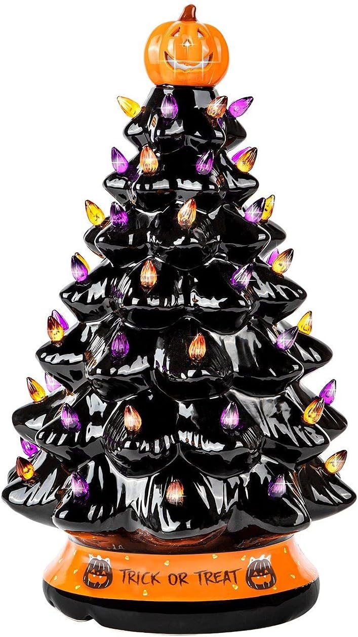 Trees - RJ Legend Christmas Tree - Halloween Decoration Made with Ceramic, Orange Pumpkin Head-Home Decoration-Trick Or Treat- Over 50 Multicolor Bulbs, LED Light Up by Battery - Black, 15 Inch