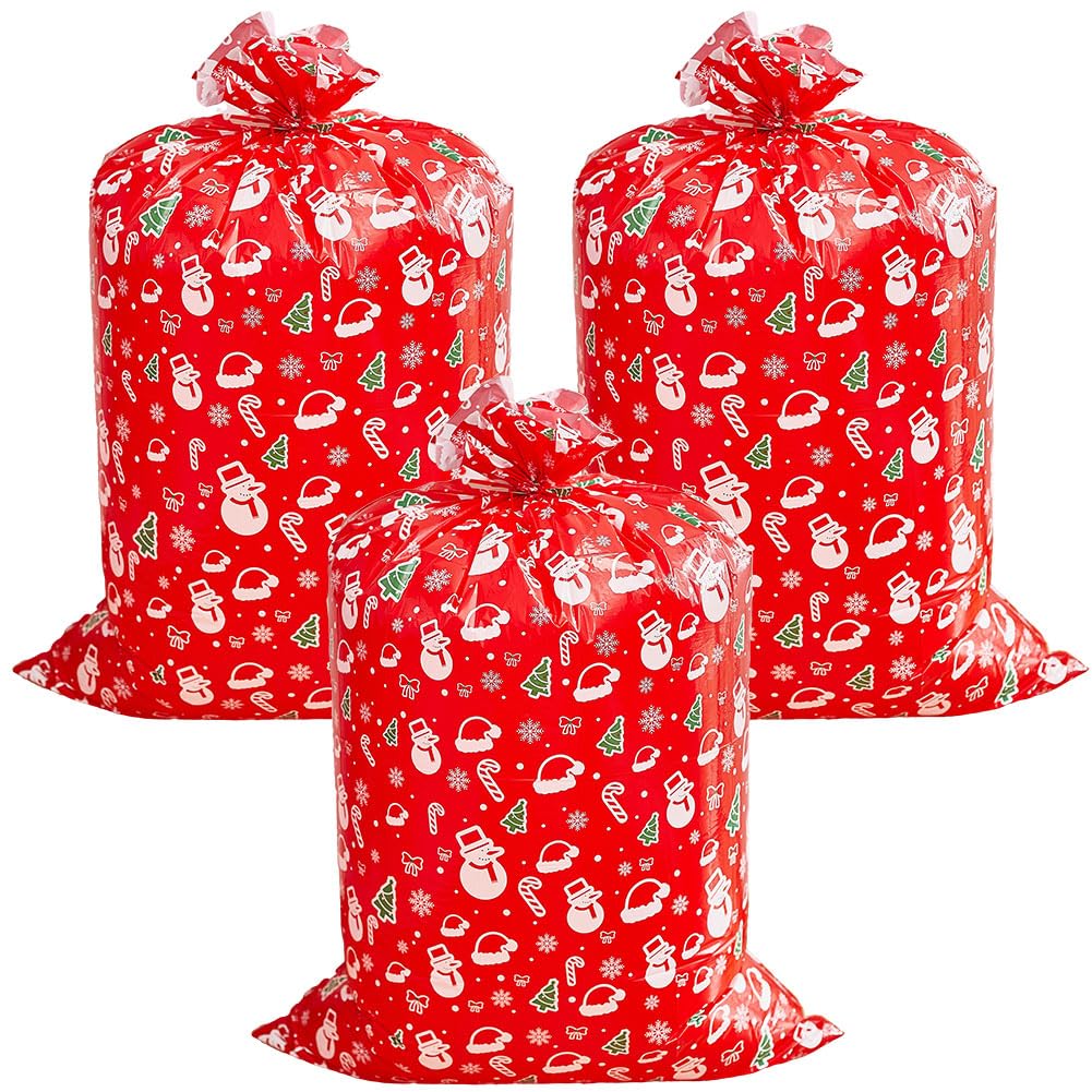 CREATCABIN 3Pcs Extra Large Bags Jumbo Large Bags with Tag and String Giant Christmas Sacks Wrapping Rectangle Plastic for Xmas Presents Huge Big Gifts 56 x 36 Inch Red
