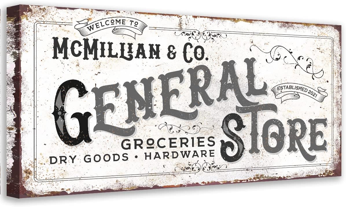Paintings - Personalized - General Store - Classic Grocery Pantry Sign, Country Home Wall Decor and Establishment Accessories, Store Business Welcome Sign, Rustic Metal Style Vintage 18x36 Stretched Canvas Art