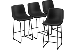 Aowos Bar Stools Set of 4, Modern Counter Height Bar Stools with Back, 26inch Faux Leather Bar Stools with Metal Legs and Footrest, Urban Armless Dining Chairs for Kitchens Island (Black)