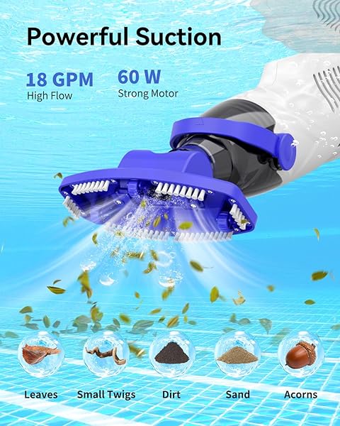 NICHRO POOL VACUUM FOR ABOVE GROUND POOL, CORDLESS HANDHELD POOL VACUUM WITH 18 GPM SUCTION, 60 MIN RUNTIME, RECHARGEABLE POOL CLEANER WITH ALUMINUM POLE & BRUSH HEADS FOR INGROUND POOLS, SPA, HOT TUB