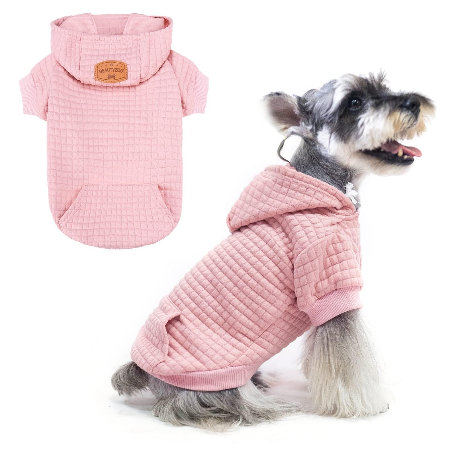 BEAUTYZOO Small Dog Hoodie Sweater with Pockets, Dog Clothes for Small Medium Dogs Boy Girl, Waffle-like Laminated Cotton Pet Coats with Hat and Leash Hole, All Weather Coat for Puppy Doggie Chihuahua