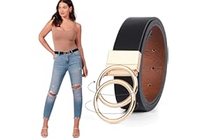 JASGOOD Women Leather Belt, Reversible Belt, Leather Waist Belt for Jeans Dress with Gold Double O Ring Rotate Buckle