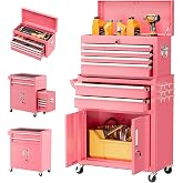 Omelaza 8-Drawer Rolling Tool Chest &amp; Cabinet with Lock and Wheels, Pink | Detachable Upper Box, Side Hooks And a Spacious Lower Compartment Keep Equipment Organized for Garage, Art Workspace