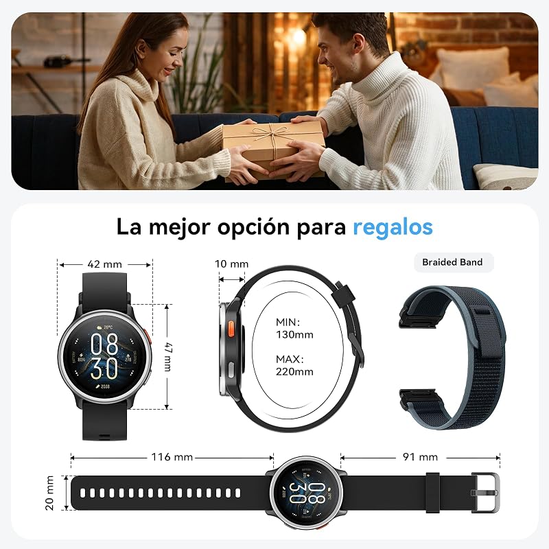 Reloj Inteligente Mujer Hombre,1.27" Smartwatch Mujer Redondo para iPhone/Samsung/Android,2 Correas y 120+ Modos Deportivos,Monitor de Sueño Funciones de Salud y Fitness 3ATM Impermeable,Negro