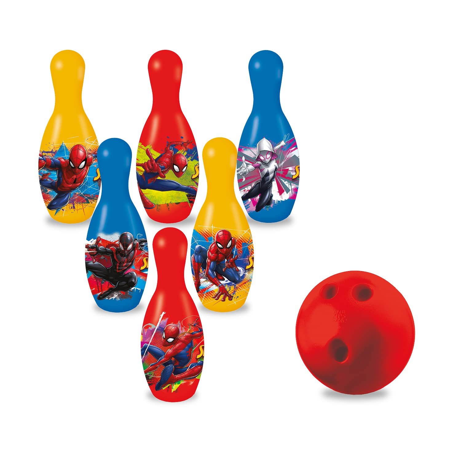 Mondo Toys - Spiderman Bowling Set for children - INCLUDES 1 ball and 6 Spiderman theme skittles - Sport toys - game for children 2 3 4 years - 28075
