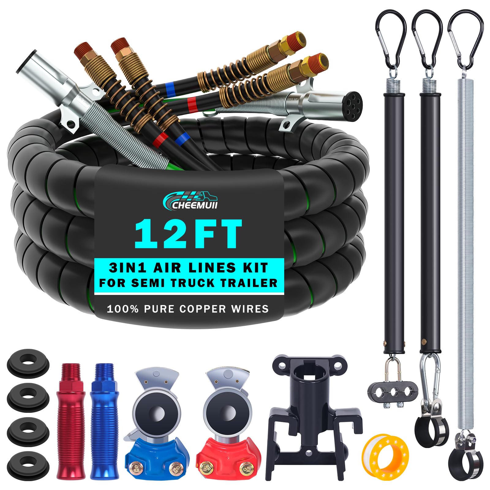 Photo 1 of CheeMuii 12FT Semi Truck Air Line Kit with Gladhands Air Line Holder and Springs Kit 7 Way Trailer Cord and Air Brake Hoses 3-in-1 Air Lines Set for Semi Truck Trailer Tractor