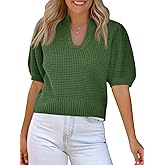 Saodimallsu Womens Puff Short Sleeve Sweater Top Waffle Knit V Neck Spring Summer Cropped Trendy Cute Shirts Blouses
