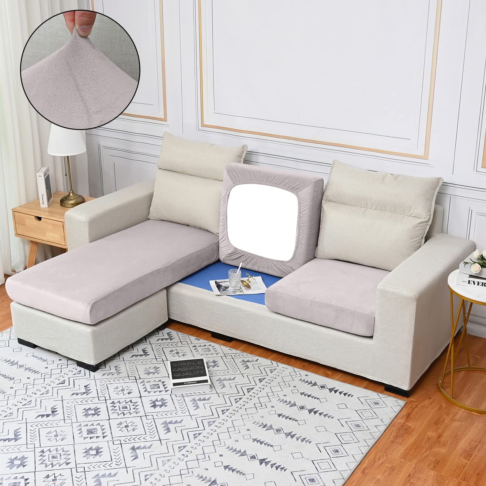 Velvet Sofa Seat Cushion Cover, 1/2/3/4 Seaters L-Shaped Couch Seat Slipcover, Furniture Protector Cover Separated (Light Gray,1 Seater)