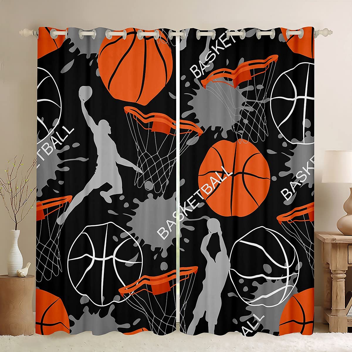 Sports Basketball Room Curtain Basketball Star Slam Dunk Curtain for Bedroom Kids Boys 3D Basketball Pattern Curtain Watercolor Printed Drapes,W66*L90