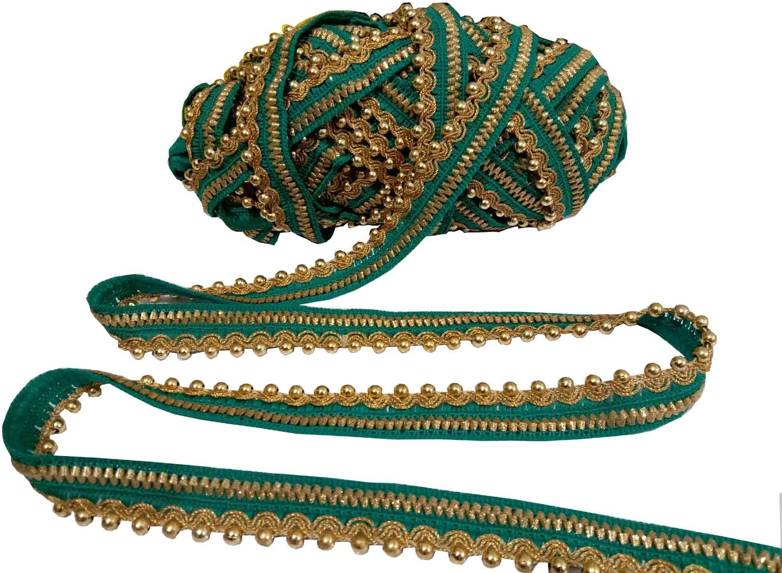 Gold and Green Bridal Dupatta Motif Work Stone Work Border by 9 Yard - Gold Gota Patti Lace,Glass Beads,Stone Work Bollywood Sari,Wedding Saree Border Embroidered Ribbons Indian Trim Embellishmets