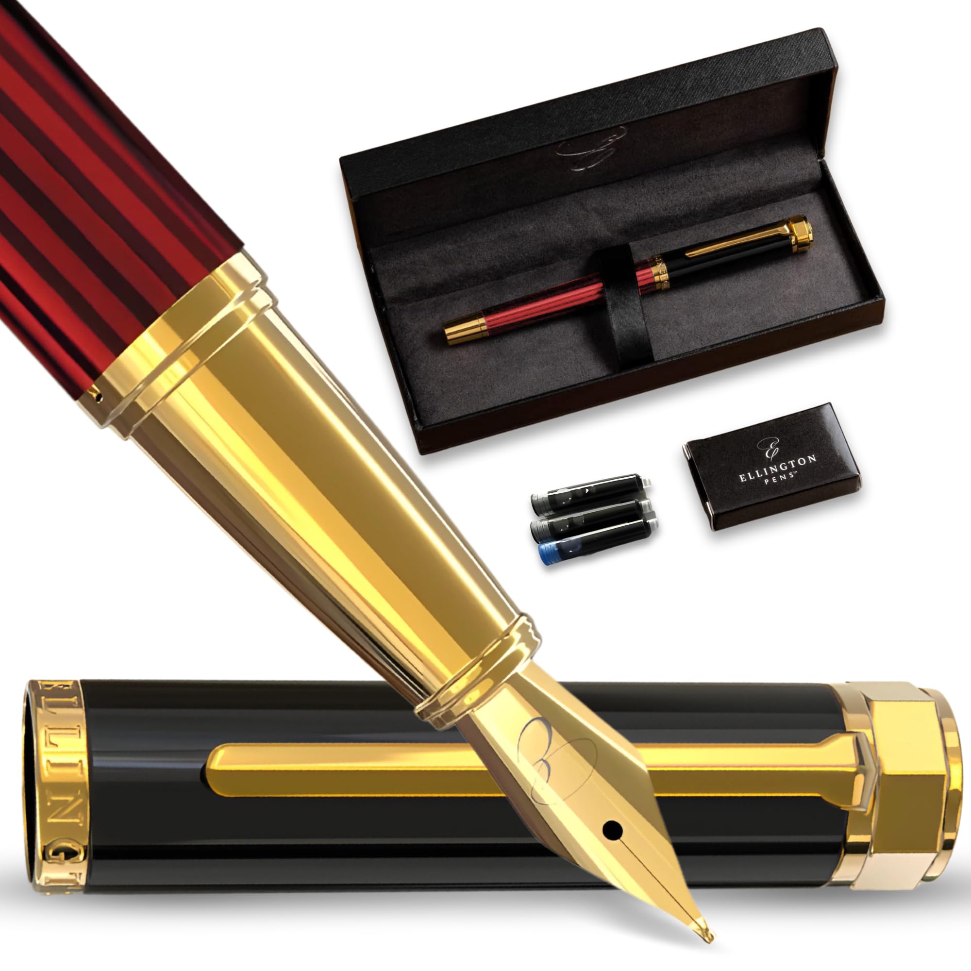 Ellington Pens Luxury Fountain Pen Set- Fountain Pens for Writing - Smooth Nib - Includes Refillable Ink Converter, 3 Ink Cartridges [2 Black & 1 Blue], Gift Box - Elegant Calligraphy