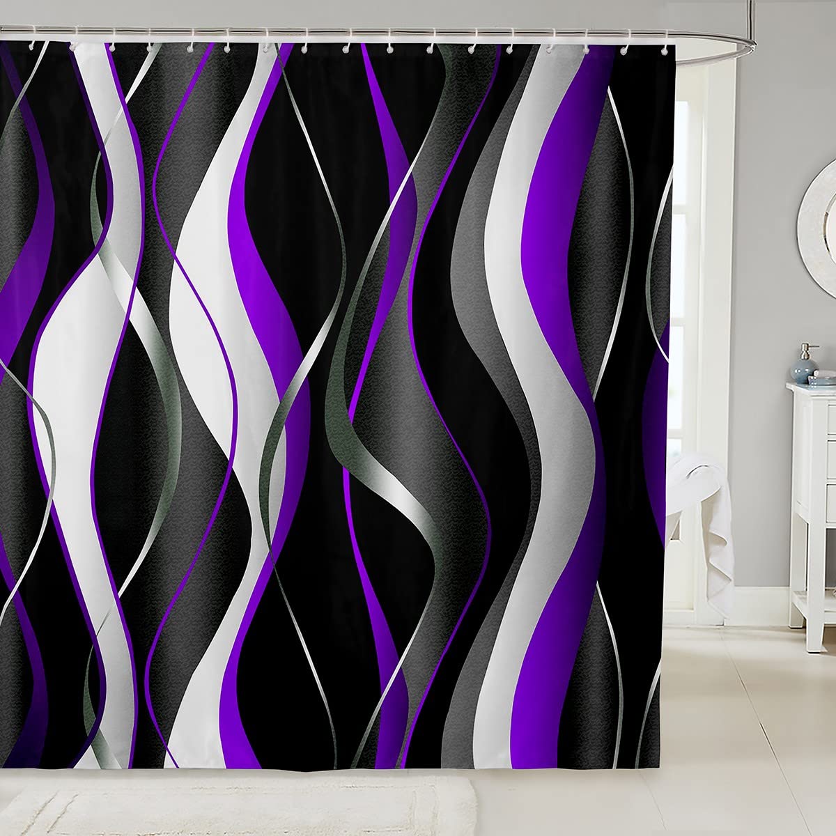 Purple Grey Black Shower Curtain Geometric Spiral Pattern Fabric Shower Curtains for Kids Boys Girls Abstract Bathroom Waterproof Accessories with 12 Hooks Modern Home Curtains,59x71 Inch — image 1