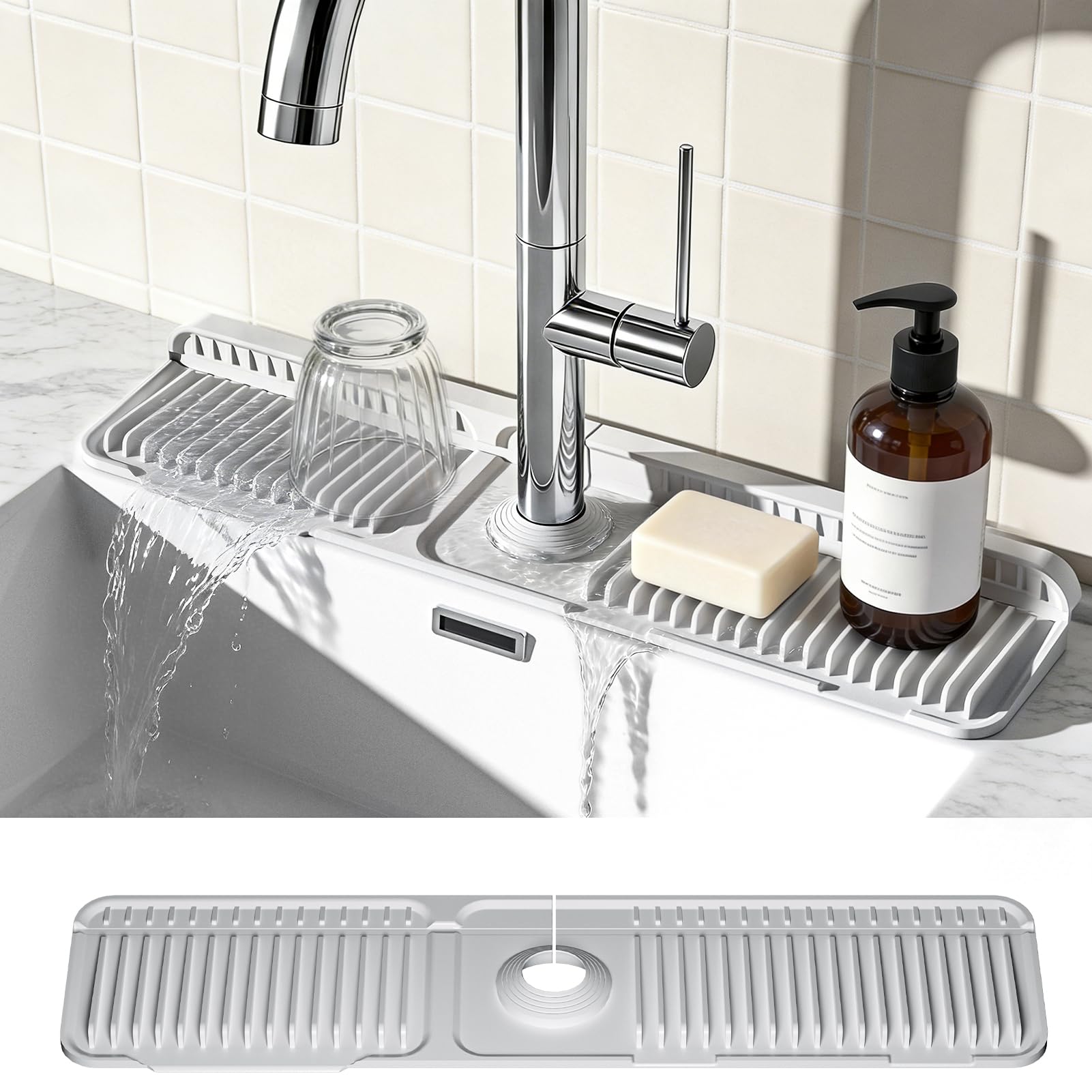 Photo 1 of 24 Inch Faucet Mat for Kitchen Sink, Silicone Splash Guard for Kitchen Sink Area, 7° Slope Fast Self-Draining Sink Mat, Cuttable Hole Design, Sink Backsplash Guard Draining Mat, Grey