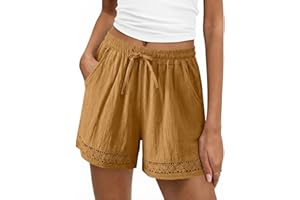 Womens Casual Linen Shorts Summer Hollowed Out Drawstring Shorts Elastic Waist Loose Lace Boho Shorts with Pockets
