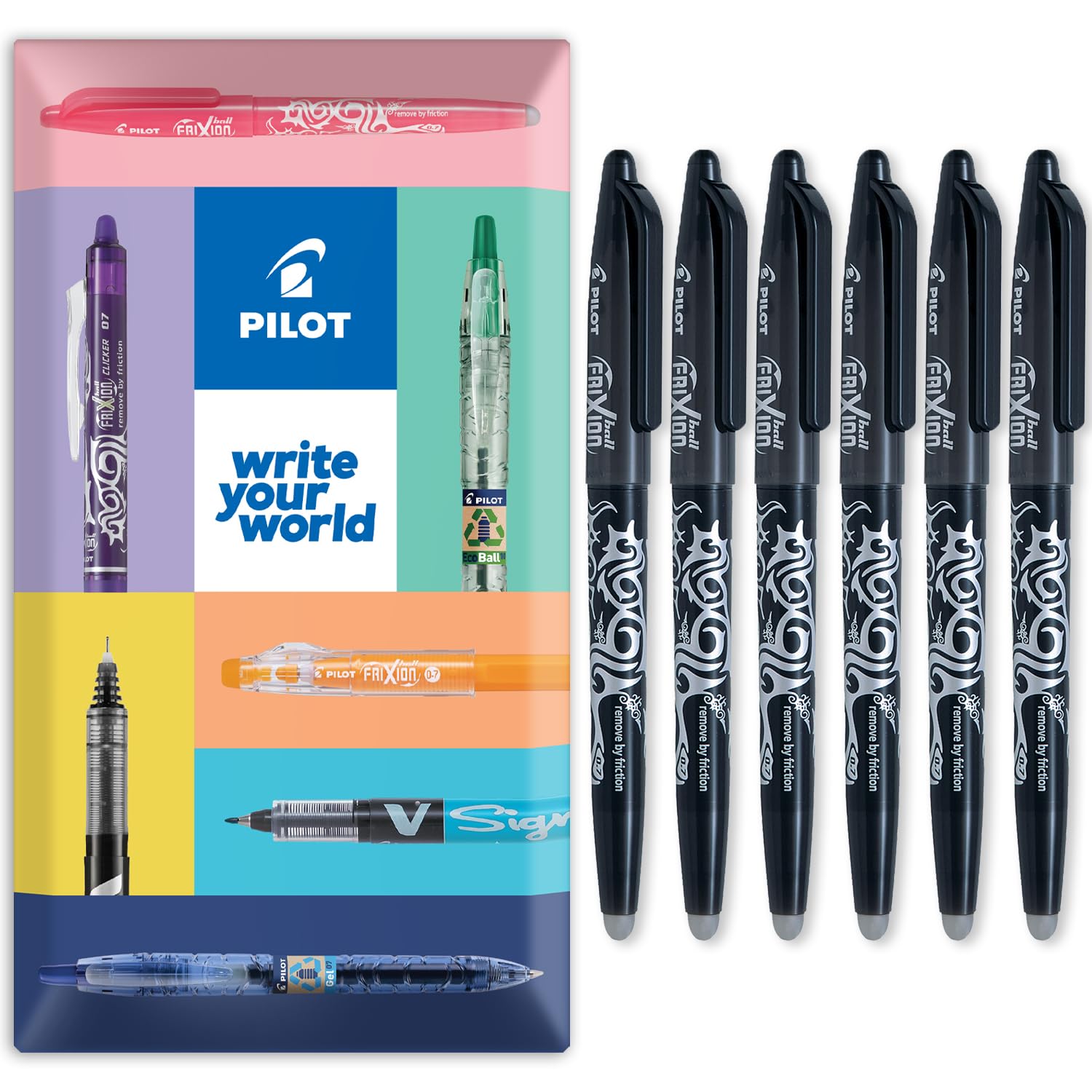 PILOT Frixion Heat/Friction Erasable Rollerball Pen FR7 - Medium Line 0.7mm Tip Nib - In Envelope Gift Packaging - Pack of 6 - Black