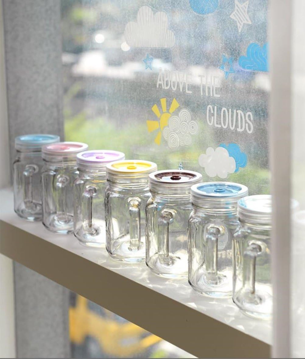 Provance 16 oz Glass Mason 9 Color Lids & Bands & Handles Drinking Jars (Transparent Lid)