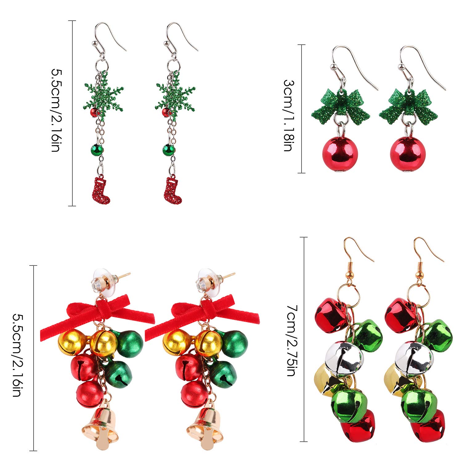 Christmas Jingle Bell Earrings,Kapmore 4 Pairs Christmas Earring Set Costume Jewelry Gift for Women Girls Cute Festive Xmas Drop Dangle Earrings Festive Holiday Birthday Party Gift