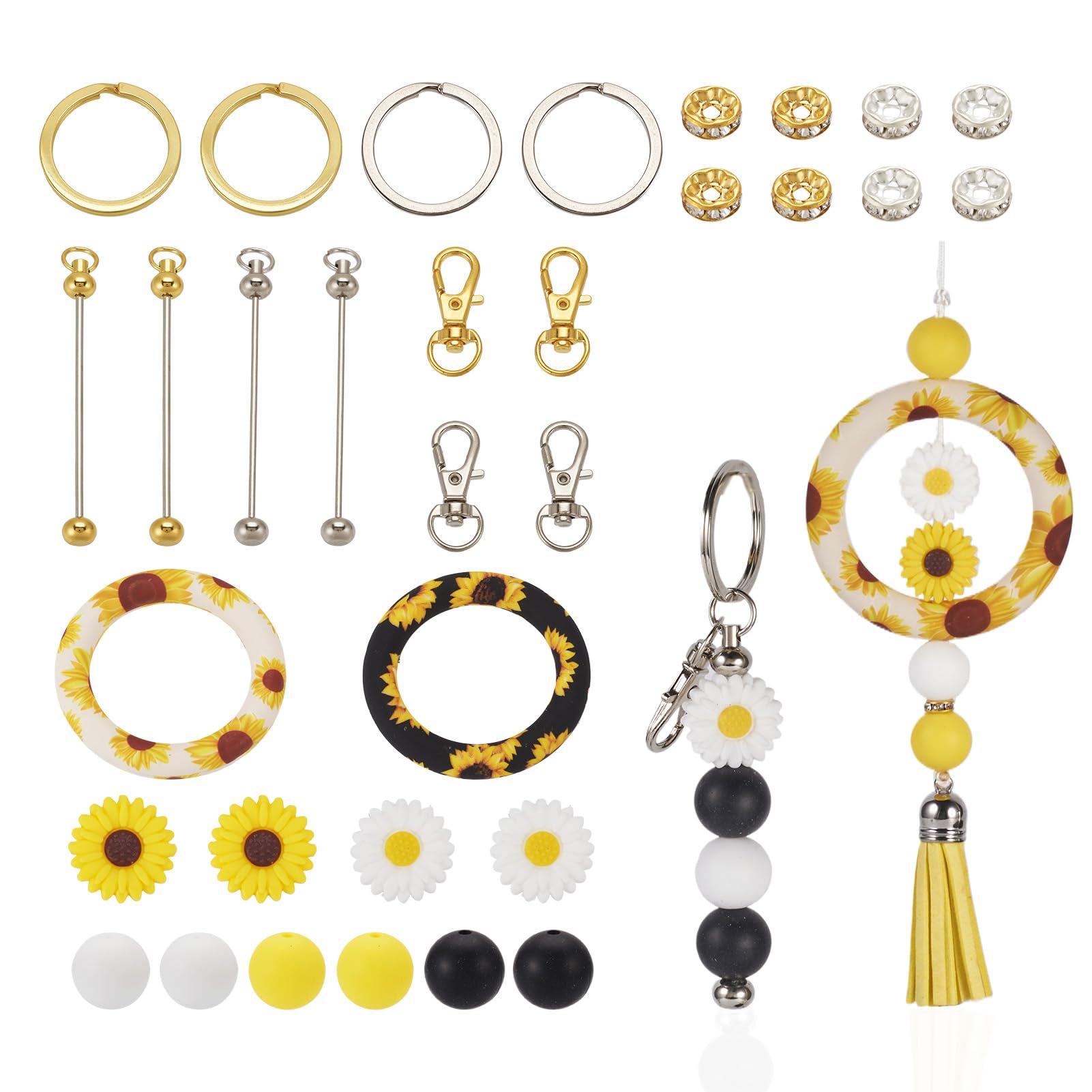 Crafans Sunflower Theme Beads Keychains Making Kits Ring Silicone Beads Daisy&Sunflower Silicone Spacer Beads Rhinestone Spacer Beads for DIY Keychains Jewelry Making
