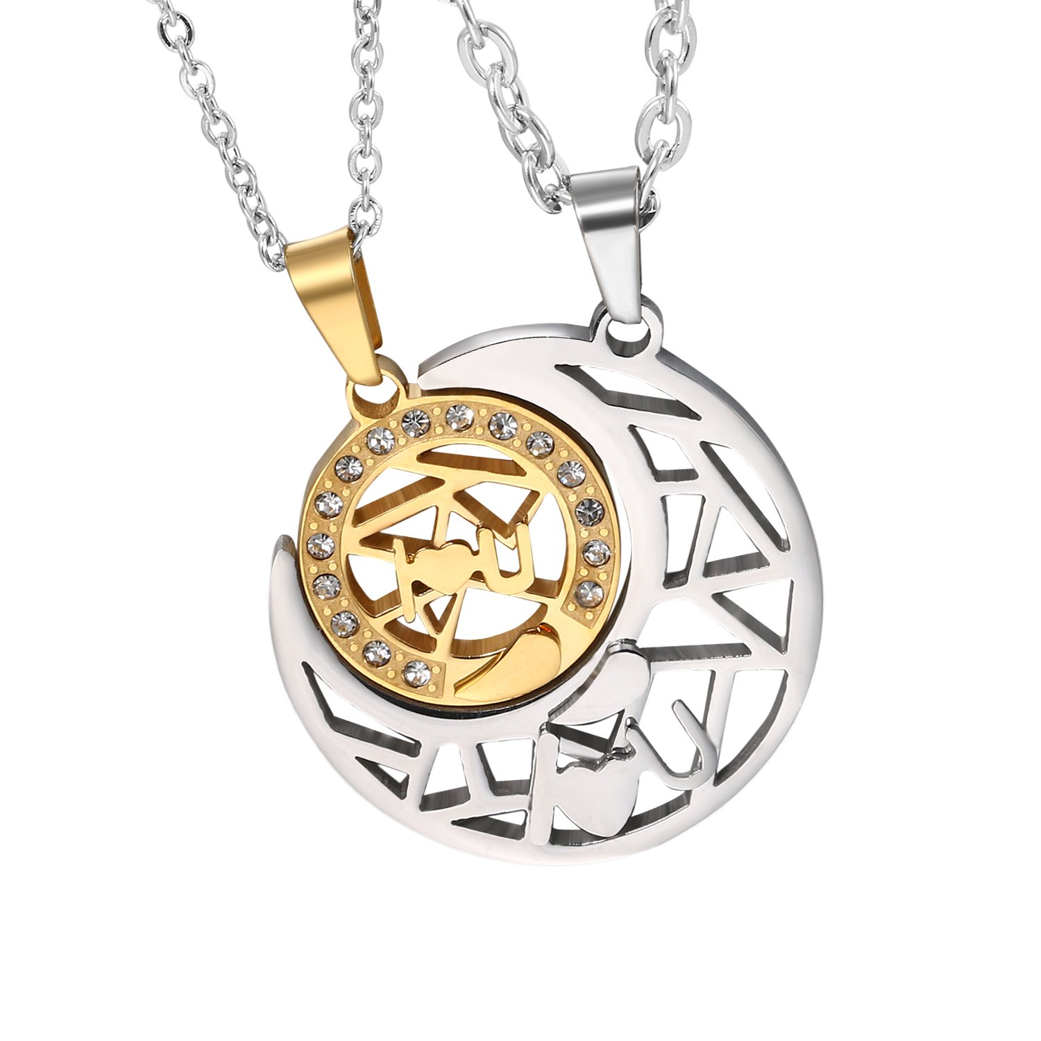 Cupimatch 2PCS Couple Necklace Stainless Steel Hollow “I love U” Sun& Moon Matching Pendant with Chain