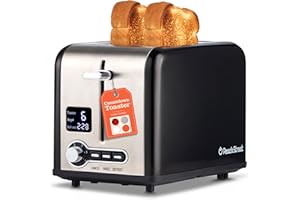 Peach Street 2 Slice Toaster Compact Bread Toaster with Digital Countdown, Wide Slots, Auto-Pop Stainless Steel, 6 Browning Levels, Removable Crumb Tray, with Defrost, Bagel, and Cancel Function