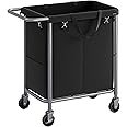 SONGMICS Laundry Basket with Wheels, 2-Section Rolling Laundry Hamper, 37 Gallons (140L), Removable Liner, Steel Frame with Handle, Blanket Storage, 27.2 x 15.4 x 31.9 Inches, Ink Black URLS004B01