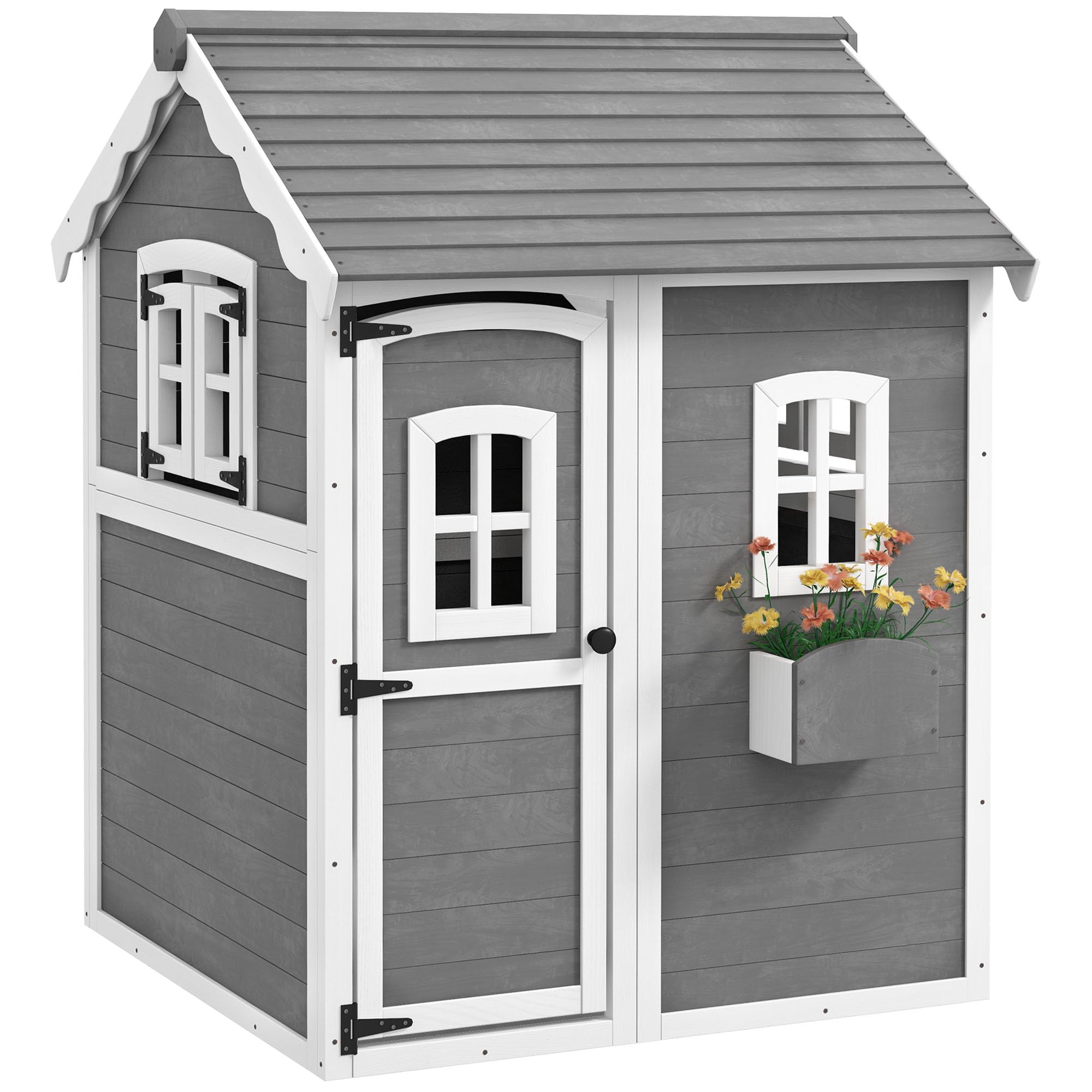 Outsunny Wooden Playhouse for Kids Outdoor Wendy House Indoor with Doors, windows, Plant Box, Floors, for 3-8 Years, for Garden, Lawn, Patio - Grey