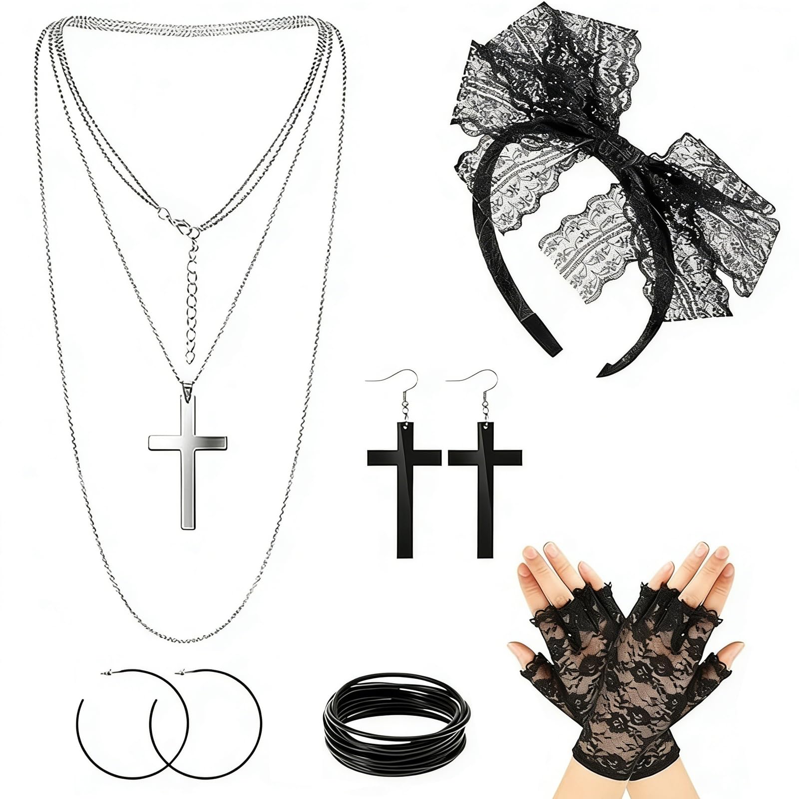 Mystiqut 5Pcs 80s Fancy Dress Costume Accessories,Fishnet Gloves,Lace Headband, Earrings,80s Lace Bow Headband, Necklace Bracelet for 80s Retro Party,80 s Fancy Dress Women