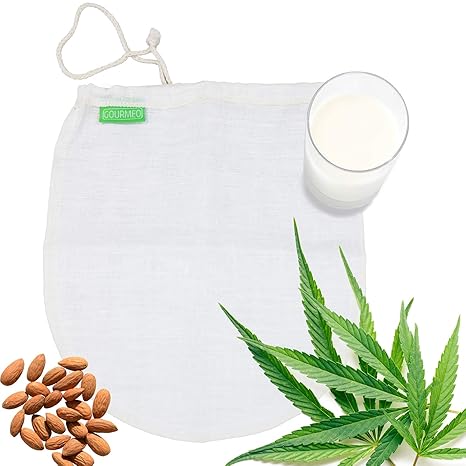 GOURMEO® Nussmilchbeutel aus natürlicher Hanffaser - für vegane Nussmilch & Mandelmilch - Feinmaschiges Filtertuch, Seiher, P