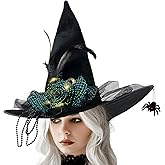 LMJFOR Halloween Black Witch Hat with Spider, Light up Velvet Witch Hat Cosplay Costume Accessories for Women Halloween Party