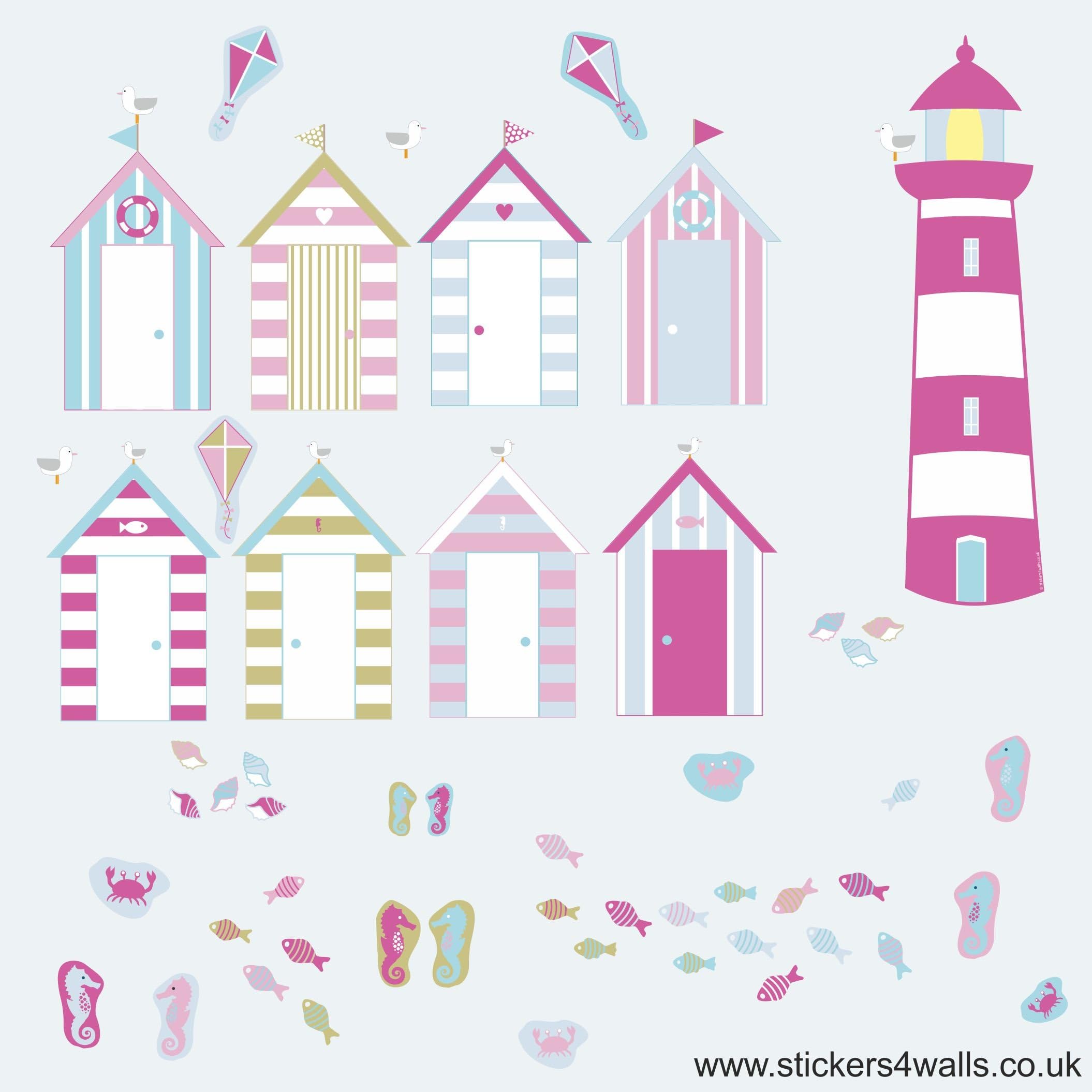 Reusable Beach Hut Wall Stcikers, Pink Seaside Beach Hut Wall Decals, Seaside Wall Decals, Beach Hut Wall Art, Beach Hut Decor