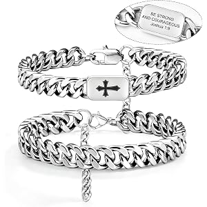 Christian Cross Bracelet for Men Bible Verse Stainless Steel Link Bracelet | 2 Pcs Set, Staianless Steel, Gothic Cross, Cuban