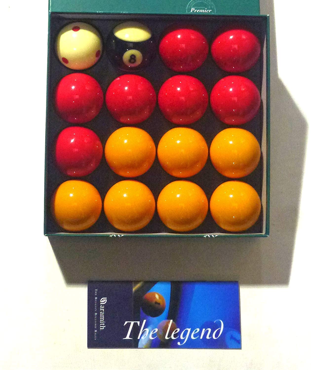 Aramith 2" (50.8mm) PREMIER PRO CUP ADDITION REDS + YELLOWS WITH STRIPED 8 BALL POOL BALLS**