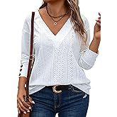 Eytino Plus Size Tops for Women Casual V Neck Long Sleeve Buttons Hollow Out Lace Embroidered Blouses Shirts(1X-5X)