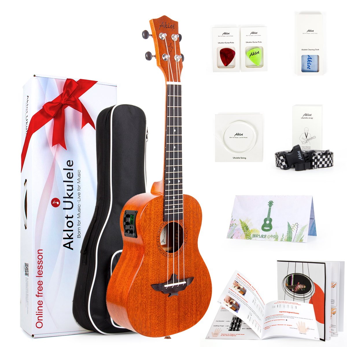 Aklot Electric Tenor Ukulele 26" Uke Solid Mahogany Ukelele For Professional Beginners With Free Online Lesson Uke(Bag Picks Strap String Cleaning Cloth Instruction Book Hard Carton Box)