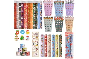 NVAZIOP Christmas Party Favors 24 Pack Stationery Set Bulk Goodie Bag Suffers Class Gifts Classroom School Holiday Treat for Students Stockings Pencils Rulers Erasers Stickers slap bracelets