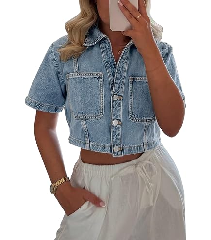 CIMUK Women's Short Sleeve Denim Jacket Trendy Classic Casual